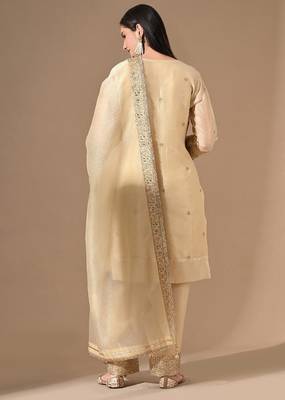 Golden crushed tissue kurta set with zardozi & sequin work 2
