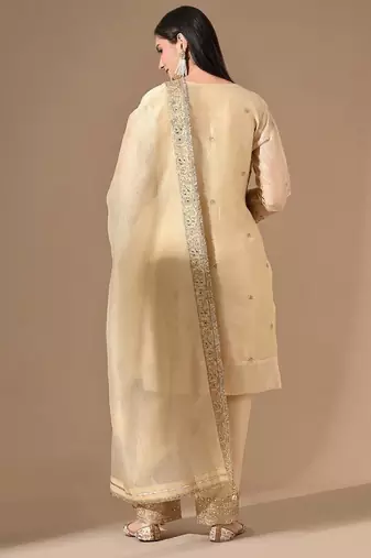 Golden crushed tissue kurta set with zardozi & sequin work