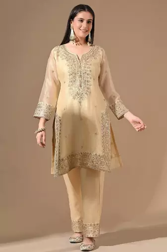 Golden crushed tissue kurta set with zardozi & sequin work