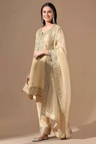 Golden crushed tissue kurta set with zardozi & sequin work