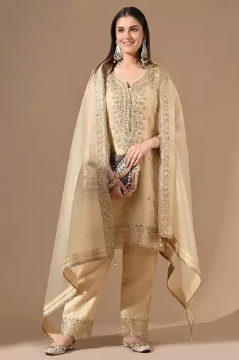 Golden crushed tissue kurta set with zardozi & sequin work