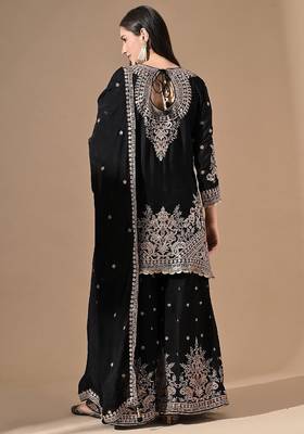 Black chinon sharara set with zardozi & mirror work 2