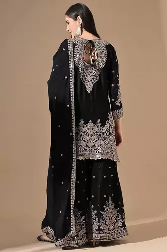 Black chinon sharara set with zardozi & mirror work