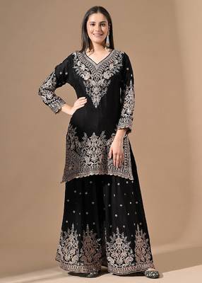 Black chinon sharara set with zardozi & mirror work 1