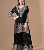Black chinon sharara set with zardozi & mirror work