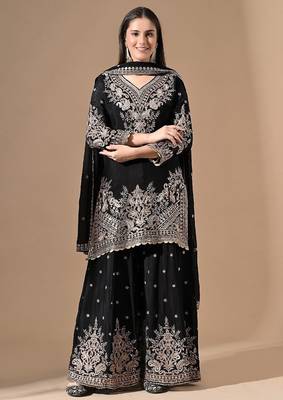 Black chinon sharara set with zardozi & mirror work 3