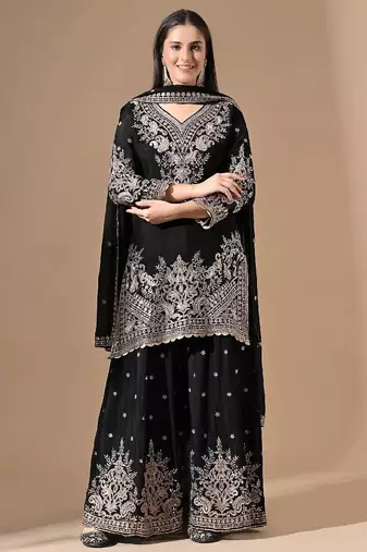 Black chinon sharara set with zardozi & mirror work