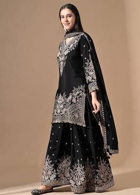 Black chinon sharara set with zardozi & mirror work 4