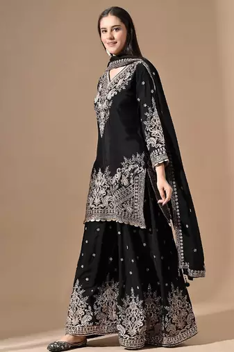 Black chinon sharara set with zardozi & mirror work