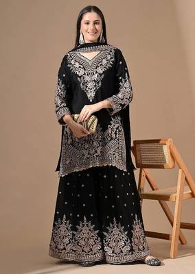 Black chinon sharara set with zardozi & mirror work 5