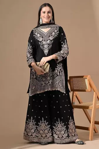 Black chinon sharara set with zardozi & mirror work