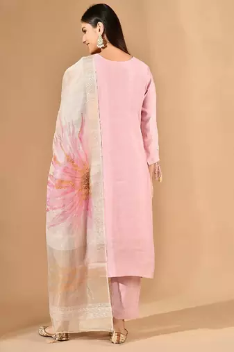Pink chanderi kurta set with pearl & cutdana work