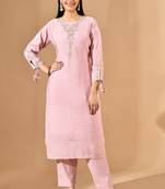Pink chanderi kurta set with pearl & cutdana work
