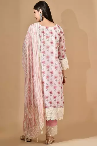 Cream organza kurta set with mirror & thread work