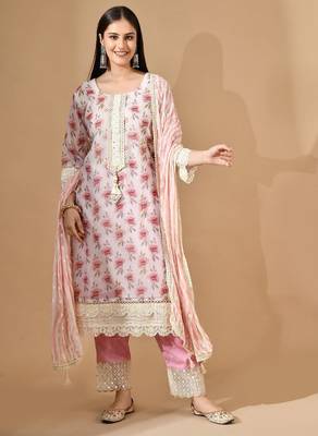 Cream organza kurta set with mirror & thread work 1