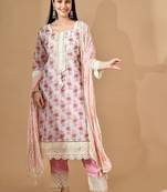 Cream organza kurta set with mirror & thread work