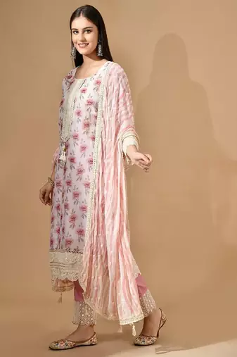Cream organza kurta set with mirror & thread work