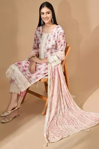 Cream organza kurta set with mirror & thread work