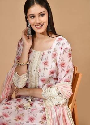 Cream organza kurta set with mirror & thread work 5