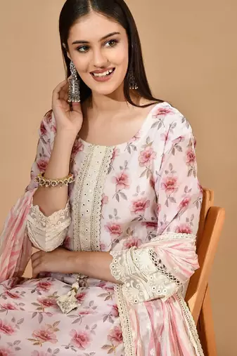 Cream organza kurta set with mirror & thread work