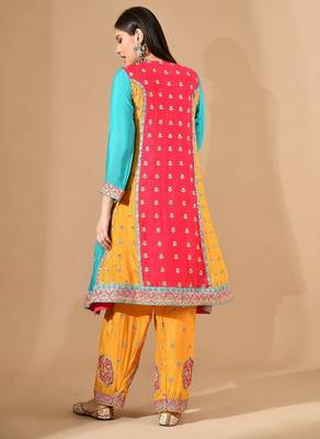 Multicolour yellow kurta set with zardozi & thread embroidery 2