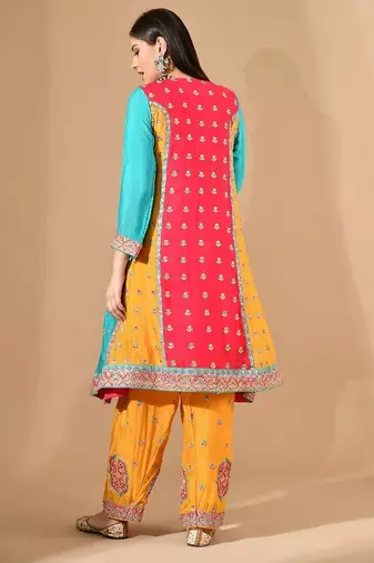 Multicolour yellow kurta set with zardozi & thread embroidery