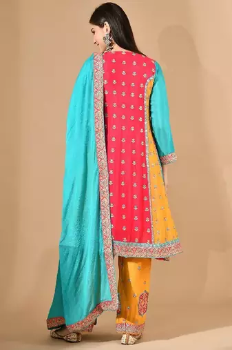 Multicolour yellow kurta set with zardozi & thread embroidery