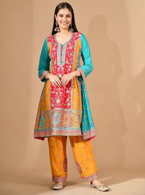 Multicolour yellow kurta set with zardozi & thread embroidery 1