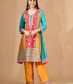 Multicolour yellow kurta set with zardozi & thread embroidery