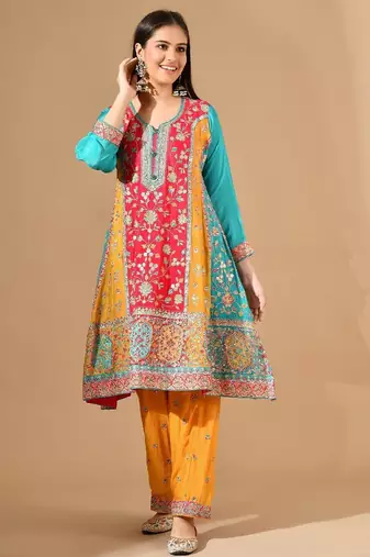 Multicolour yellow kurta set with zardozi & thread embroidery
