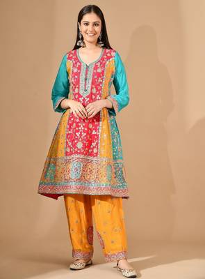 Multicolour yellow kurta set with zardozi & thread embroidery 5