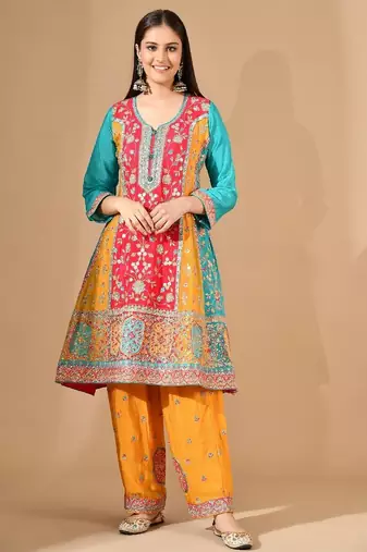 Multicolour yellow kurta set with zardozi & thread embroidery
