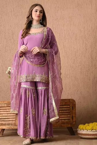 Breathtaking purple sharara set with zardozi and sequins work