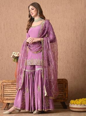 Breathtaking purple sharara set with zardozi and sequins work 3