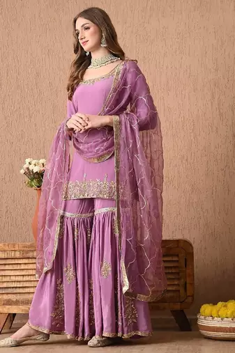 Breathtaking purple sharara set with zardozi and sequins work