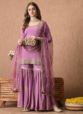 Breathtaking purple sharara set with zardozi and sequins work 4