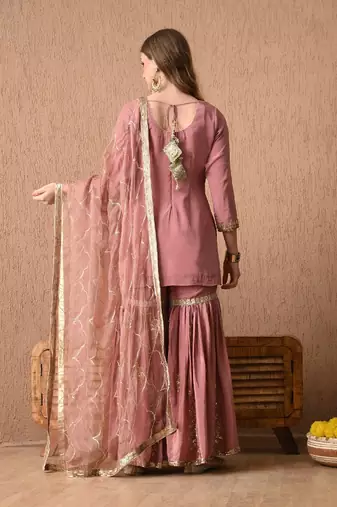 beige peach kurta set with zardozi and sequins work