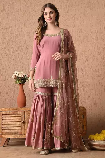 beige peach kurta set with zardozi and sequins work