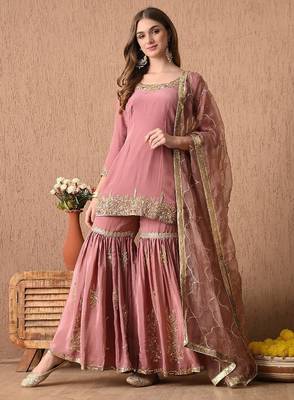 beige peach kurta set with zardozi and sequins work 1