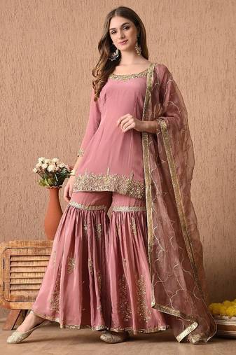 beige peach kurta set with zardozi and sequins work