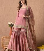 beige peach kurta set with zardozi and sequins work