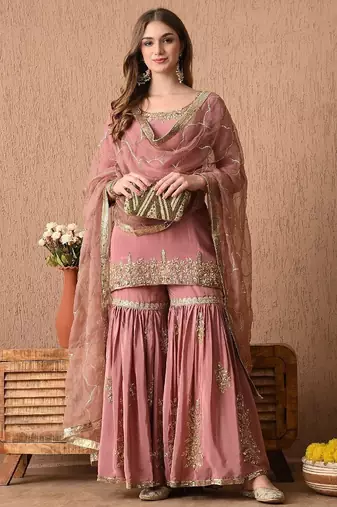 beige peach kurta set with zardozi and sequins work