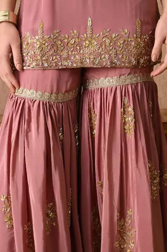 beige peach kurta set with zardozi and sequins work