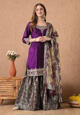 Graceful purple sharara set with gotta zardozi and pearl work 3