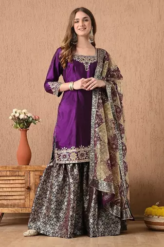 Graceful purple sharara set with gotta zardozi and pearl work