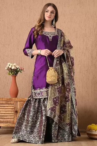 Graceful purple sharara set with gotta zardozi and pearl work
