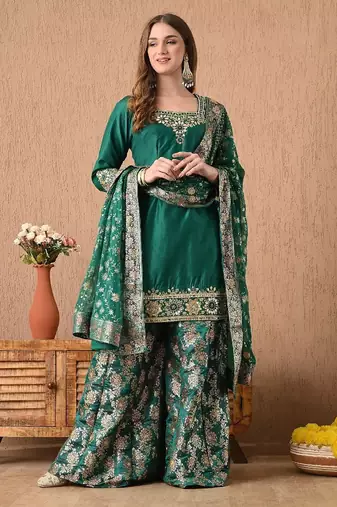 Mesmerising green sharara set with gotta zardozi and pearl work