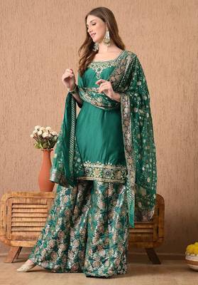 Mesmerising green sharara set with gotta zardozi and pearl work 1