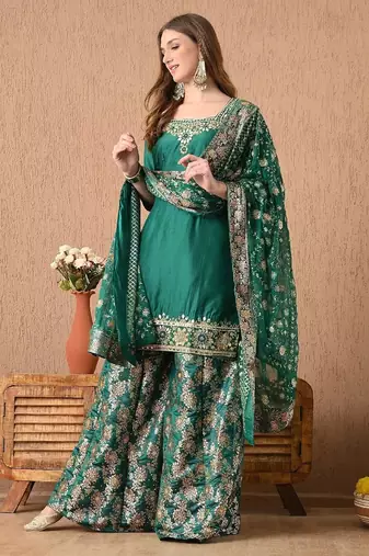 Mesmerising green sharara set with gotta zardozi and pearl work