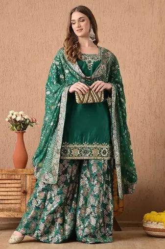 Mesmerising green sharara set with gotta zardozi and pearl work